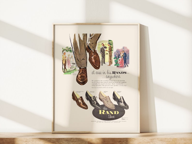 VINTAGE MEN'S SHOES Ad, Classic Mens Shoes Ad, Mid-Century Mens Fashion Poster Ad Poster Retro Leather Shoes Ad image 3