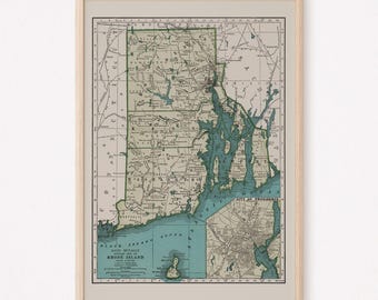 RHODE ISLAND MAP, Vintage Map of Rhode Island, Antique Map Print, Historical Wall Art, Vintage Map Wall Art