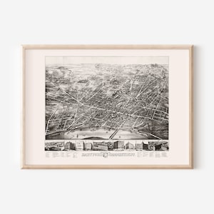 HARTFORD KARTE DRUCKEN, Antike Hartford Conn. Karte, Antike Karte Druck, Historische Wandkunst, Wohnzimmer Dekor, Vogelperspektive Karte