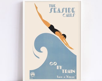 VINTAGE SWIMMING POSTER, Seaside Poster, Art Deco Travel Poster, Giclee Poster Print, High Quality Reproduction, Ocean Vacation Poster
