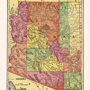 VINTAGE ARIZONA MAP Print Antique Wall Art, Vintage Map of Arizona, Arizona Travel Poster Arizona wall art Home decor Map Ribba image 7