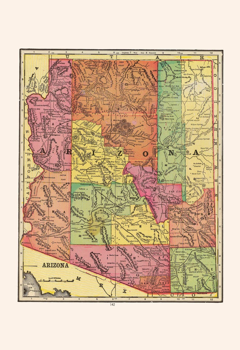 VINTAGE ARIZONA MAP Print Antique Wall Art, Vintage Map of Arizona, Arizona Travel Poster Arizona wall art Home decor Map Ribba image 7
