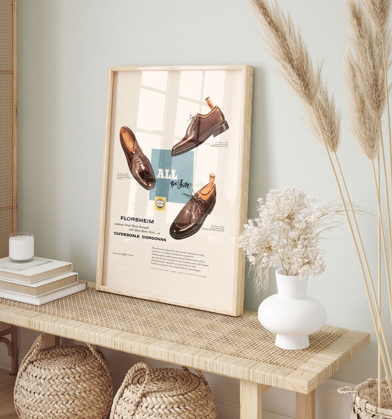 VINTAGE MEN'S SHOES Print, Retro Leather Shoes Ad, Gentleman Fashion Art Retro Advertisement 1950s Fashion Ad image 2