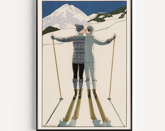 ROMANTIC SKI PRINT, Vintage Fashion Poster, Vintage Ski Poster, 1920s Fashion Art, Vintage Fashion Wall Art, French Art Deco Poster