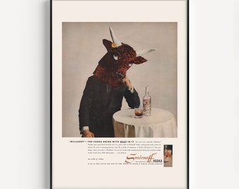 WEIRD VODKA AD, 1950s Print, Old Vodka Poster, Vintage Vodka Ad, Retro Mid-Century Advertisement, Bull Costume Poster