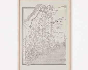 MAPPA VINTAGE DEL MAINE, Arte murale vintage del Maine, Poster antico del Maine, Riproduzione professionale, Mappa minimalista