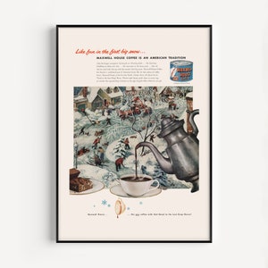 VINTAGE COFFEE PRINT, Coffee in Winter Poster, Midcentury Coffee Ad, Winter Scene Art, 1950s, Breakfast Nook Decor, Kitchen Wall Art