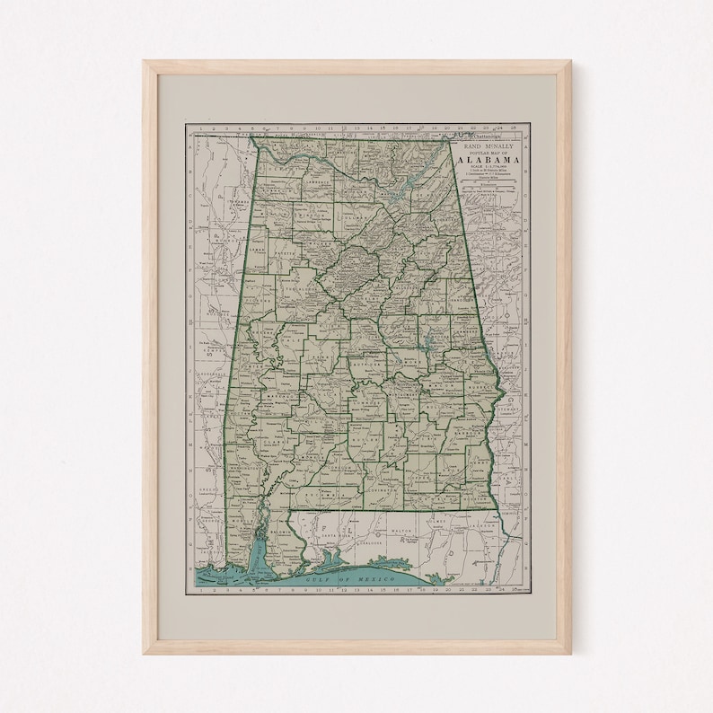 VINTAGE ALABAMA MAP Vintage Map of Alabama Wall Art Etsy
