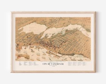 CARTE ANTIQUE de VANCOUVER, carte vintage de Vancouver, Colombie-Britannique, impression de carte ancienne, art mural historique, décoration de salon, carte en perspective