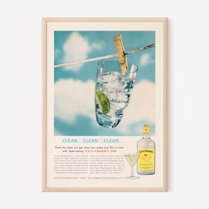 VINTAGE GIN AD, Clean Gin Ad, Retro Bar Poster, 1950s, Retro Ad, Retro Advertising, Punny Poster