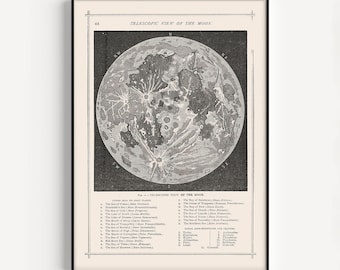 ANTIQUE MOON PRINT, Lunar Chart, Celestial Room Decor, Vintage Moon Map, Black and Beige, Great Gift for Anyone, Professional Reproduction
