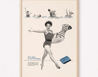 Kitsch Tampons Ad, Retro Kitsch Ad, Swimming Mid-Century Poster Retro Bathing Suit Poster Women's Fashion Ad Kitsch Wall Art