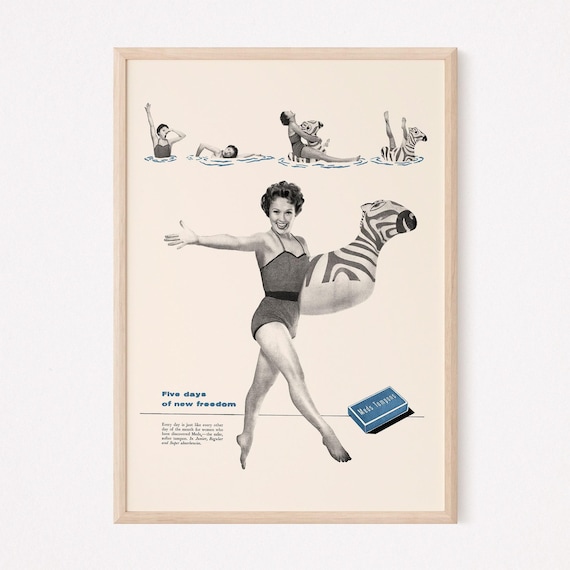 Kitsch Tampons Ad, Retro Kitsch Ad, Swimming Mid-Century Poster Retro Bathing Suit Poster Women's Fashion Ad Kitsch Wall Art