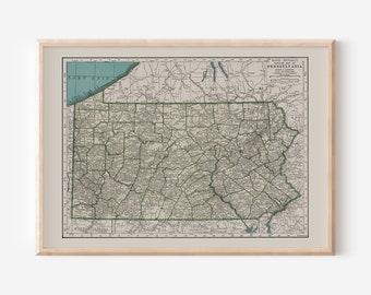VINTAGE PENNSYLVANIA MAP, Vintage Map Wall Art, Vintage Map Reproduction, Pennsylvania Map Print, Vintage Map Home Decor