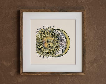 SUN AND MOON, Esoteric Bathroom Print, Philosophical Astrological Artwork, Harmonious Celestial Art for Spiritually Minded Person, Square