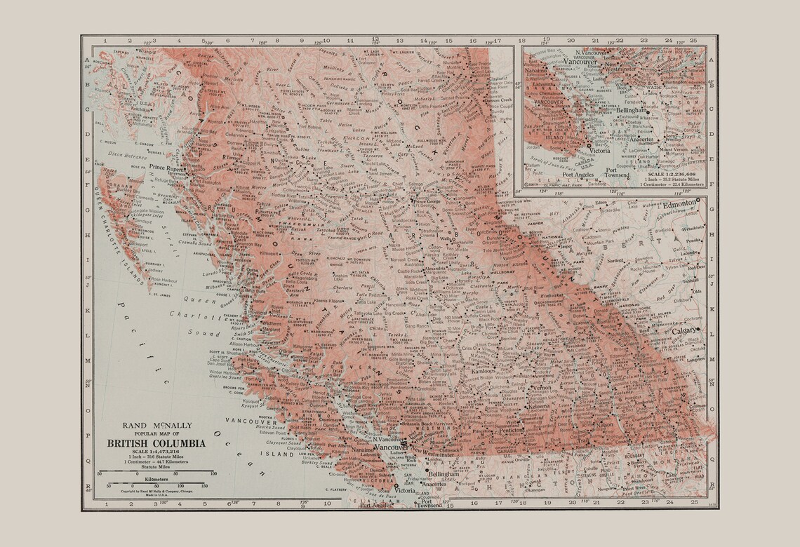 BRITISH COLUMBIA MAP Vintage Map of B.C. Canada Wall Art Etsy Canada