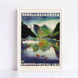 Póster de viaje a Noruega, póster de viaje Art Déco, póster de crucero por Noruega, arte de pared de cabaña, decoración del hogar, póster de viaje retro