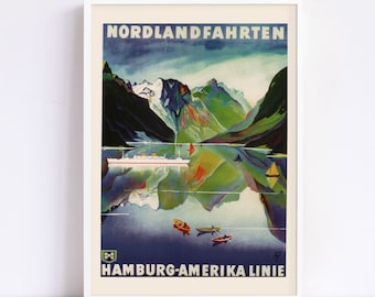 NORWAY TRAVEL POSTER, Art Deco Travel Poster, Norway Cruise Poster, Cottage Wall Art, Home Decor, Retro Travel Poster