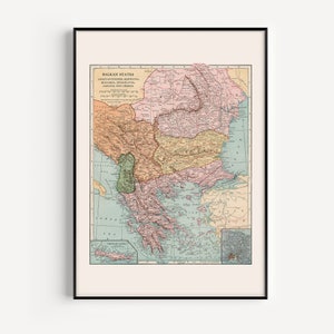 Alte KARTE VON BALKANSTAATEN, Konstantinopel, Albanien, Rumänien, Griechenland, Bulgarien, Jugoslawien, Vintage Karte Wandkunst, Geographie Poster, 1921