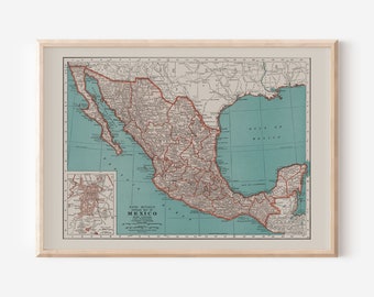 VINTAGE MEXICO MAP, Vintage Map of Mexico Wall Art, Vintage Map Reproduction, Mexican Map Art, Mexico Travel Poster, North America Poster
