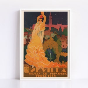 SEVILLA TRAVEL POSTER, Seville Art Deco Reiseplakat, Spanien Poster, Wandkunst, Wohnkultur, Flamenco Art, 1933