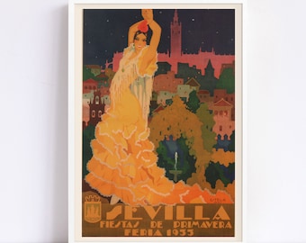 SEVILLA TRAVEL POSTER, Seville Art Deco Travel Poster, Spain Poster, Wall Art, Home Decor, Flamenco Art, 1933