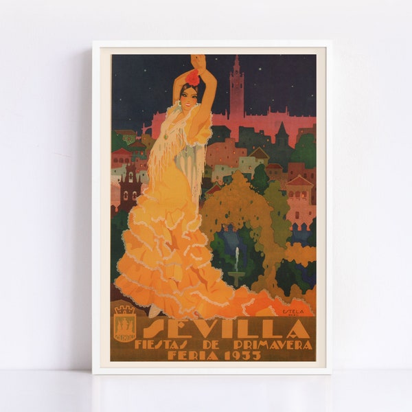 SEVILLA TRAVEL POSTER, Seville Art Deco Travel Poster, Spain Poster, Wall Art, Home Decor, Flamenco Art, 1933