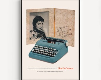 CLASSIC TYPEWRITER AD, 1950s Typewriter Poster, Blue Typewriter Poster, Retro Office Decor, Retro Mid-Century Advertisement