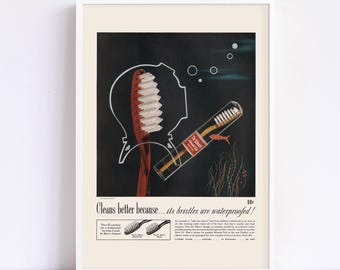 VINTAGE TOOTHBRUSH AD, Vintage Bathroom Poster Ad, Vintage Ad, Retro Mid-Century Ad, High Quality Reproduction