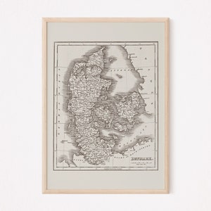 CARTE DU DANEMARK VINTAGE, carte rétro du Danemark, carte minimaliste, reproduction professionnelle