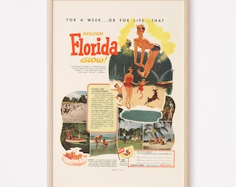 FLORIDA TRAVEL POSTER, Vintage Florida Travel Ad Poster, Quality Reproduction Mid Century Art American Travel Poster Vintage Chic