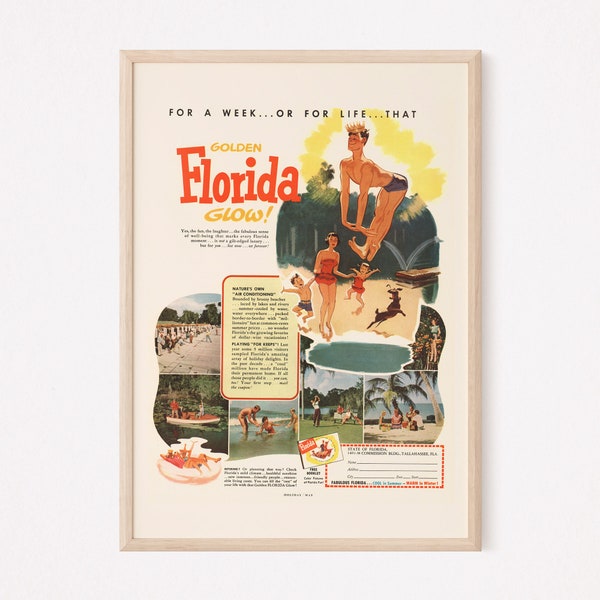 FLORIDA TRAVEL POSTER, Vintage Florida Travel Ad Poster, Quality Reproduction Mid Century Art American Travel Poster Vintage Chic