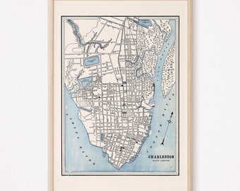 MAPA DE CHARLESTON, SC, Mapa antiguo de Charleston, Impresión de mapa antiguo, Arte mural histórico, Decoración de sala de estar, Mapa de Carolina del Sur