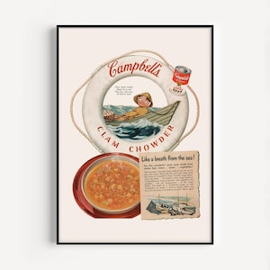 CLAM COWDER AD, vintage advertentieafdruk, poster eenvoudige maaltijd prep jaren 1950, jaren 50, klassiek decor, poster ingeblikt voedsel uit het midden van de eeuw, retro soepposter