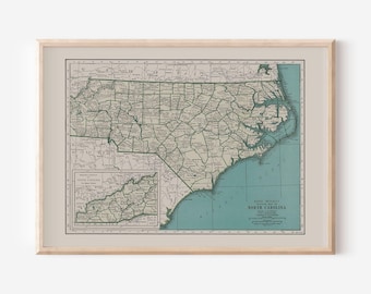 NORTH CAROLINA MAP, Vintage Map of North Carolina, North Carolina Wall Art, Vintage Poster, Travel Map, North Carolina Poster