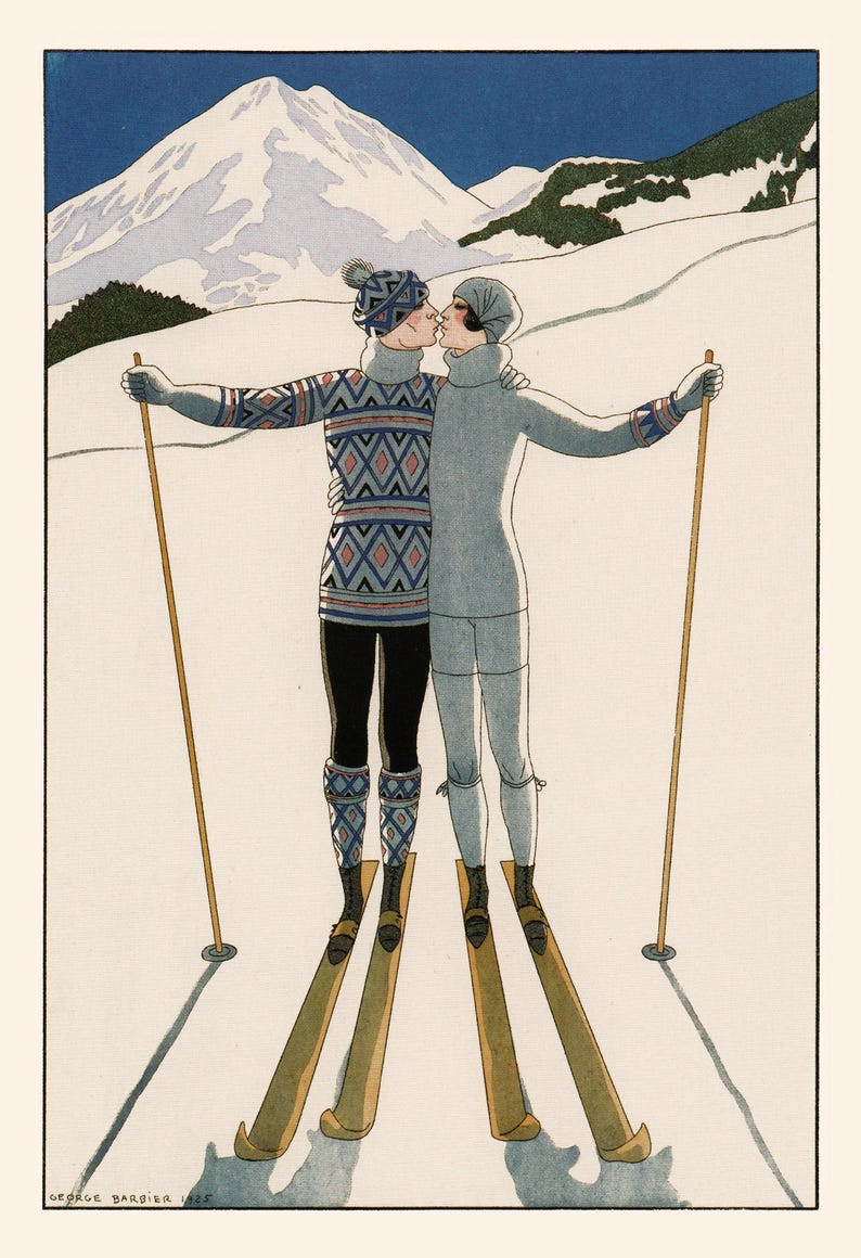 ROMANTIC SKI PRINT, Vintage Fashion Poster, Vintage Ski Poster, 1920s Fashion Art, Vintage Fashion Wall Art, French Art Deco Poster image 7