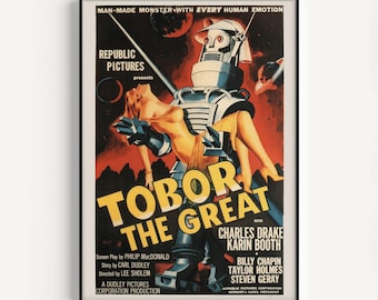 Póster de película de robots retro, póster de película clásica de serie B, póster de película de culto retro, póster de película clásica, póster de película de la era atómica, arte de robots
