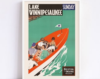 LAKE WINNIPESAUKEE PRINT - Boston Travel Poster, Motorboat Poster, Travel Print, Art Print, Art Deco Poster, Classic Travel Art
