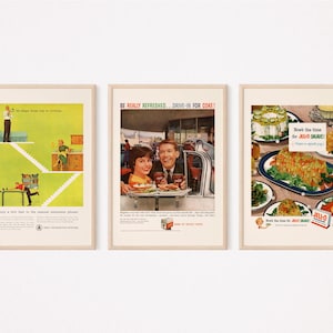 May include: Three vintage framed advertisements. The first ad features a man carrying a stack of books up a staircase. The second ad shows a couple enjoying a drink at a drive-in restaurant. The third ad features a green Jell-O salad with the text "Now's the time for JELL-O SALADS!"