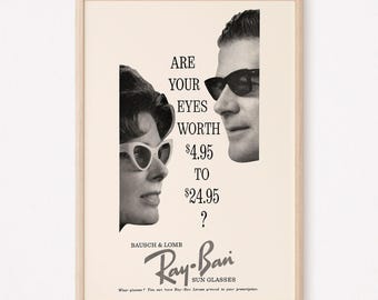 VINTAGE SUNGLASSES Ad, Mid Century Ad, Retro Sunglasses Ad, Retro Fashion Ad, Vintage Wall Art, Mid Century Wall Art, Fashion Home Decor