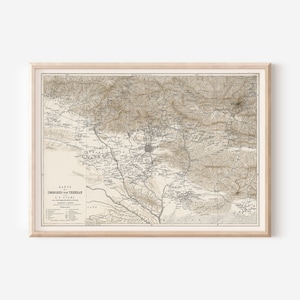 May include: A vintage map of the surroundings of Tehran, Iran. The map is printed in black and white with brown lines and text. The map is titled "KARTE DER UMGEBUNG VON TEHERAN" and is credited to A.F. Stahl. The map shows the location of various towns, villages, and mountains.