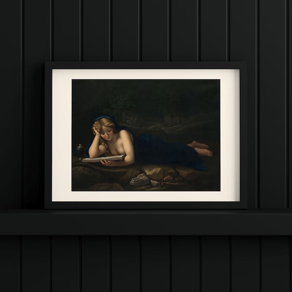 MAGDALEN READING PRINT, Classic Renaissance Painting, Magdalen in the Desert Art Print, Academic Library Decor, Bookshelf Fine Art Poster