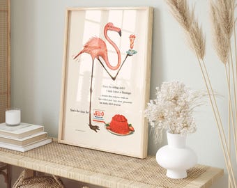 ROZE FLAMINGO-advertentie met gelei, roze flamingoposter, vintage keukenposter, retro muurkunst
