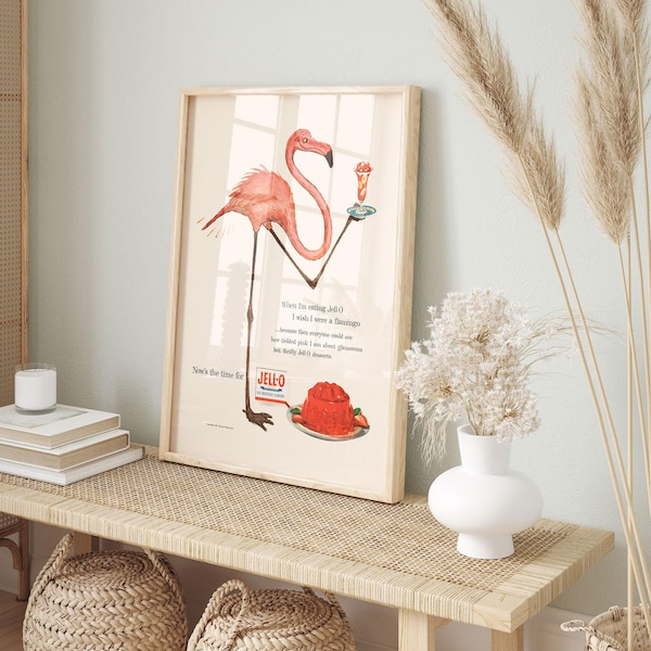 PINK FLAMINGO AD with Jelly, Pink Flamingo Poster, Vintage Kitchen Poster,  Retro Wall Art