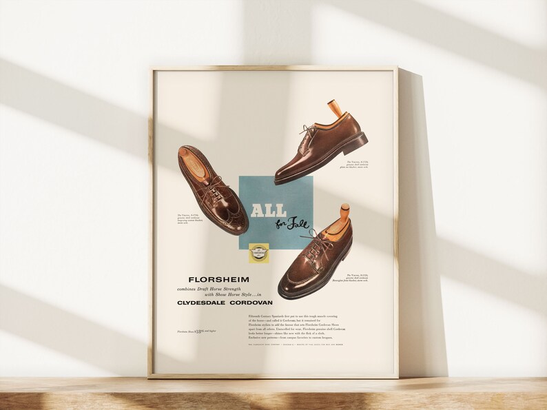 VINTAGE MEN'S SHOES Print, Retro Leather Shoes Ad, Gentleman Fashion Art Retro Advertisement 1950s Fashion Ad image 3