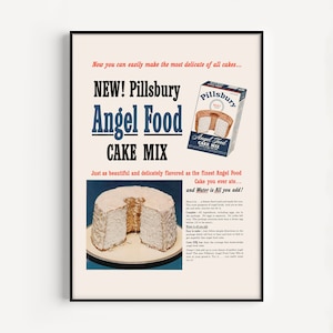 ANGEL FOOD CAKE, vintage cakemix advertentieprint, poster Angel Food cake mix, advertentie jaren 1950, klassieke keukendecor, poster halverwege de eeuw, retro poster
