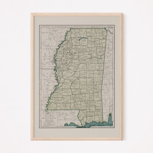 IMPRESSION DE CARTE DU MISSISSIPPI, carte vintage du Mississippi, impression de carte ancienne, art mural vintage, carte ancienne, art mural historique, État du Mississippi