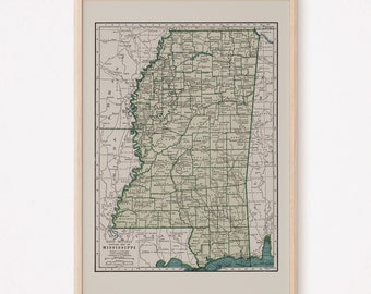 MISSISSIPPI MAP PRINT, Vintage Map of Mississippi, Old Map Print, Vintage Wall Art, Antique Map, Historical Wall Art, Mississippi State