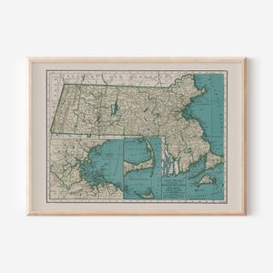 MASSACHUSETTS STATE MAP, Vintage Map of Massachusetts, Antique Map Print, Historical Wall Art, Living Room Decor