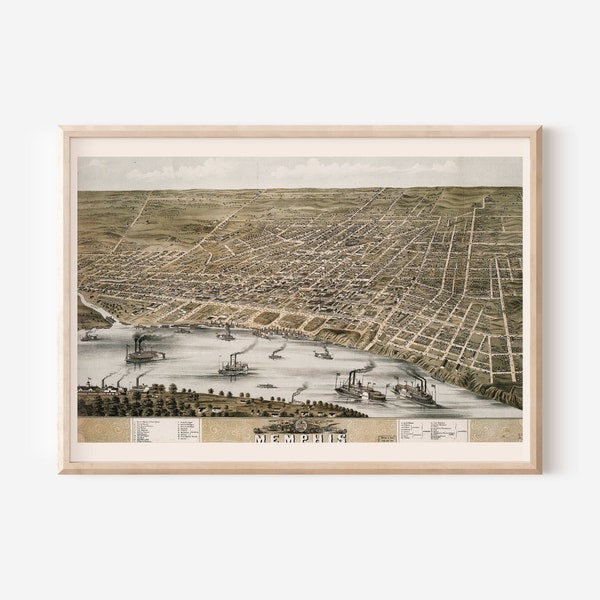 ANTIQUE MEMPHIS MAP, Vintage Map of Memphis Tenn Wall Art, Vintage Map Reproduction, Bird's Eye View Map, Antique Map of Memphis